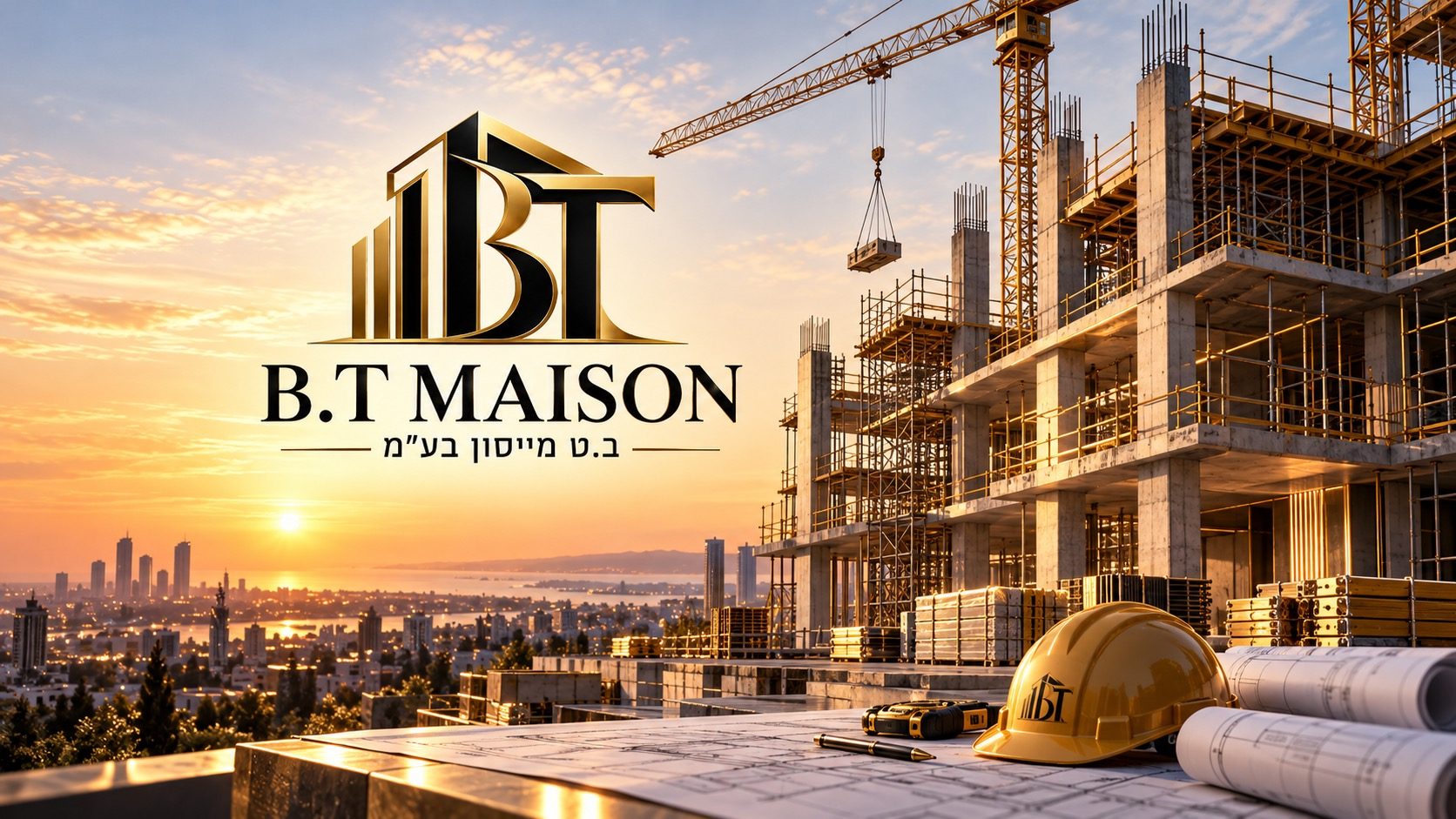 B.T Maison — ב.ט מייסון בע״מ. לוגו החברה על רקע אתר בנייה בשקיעה